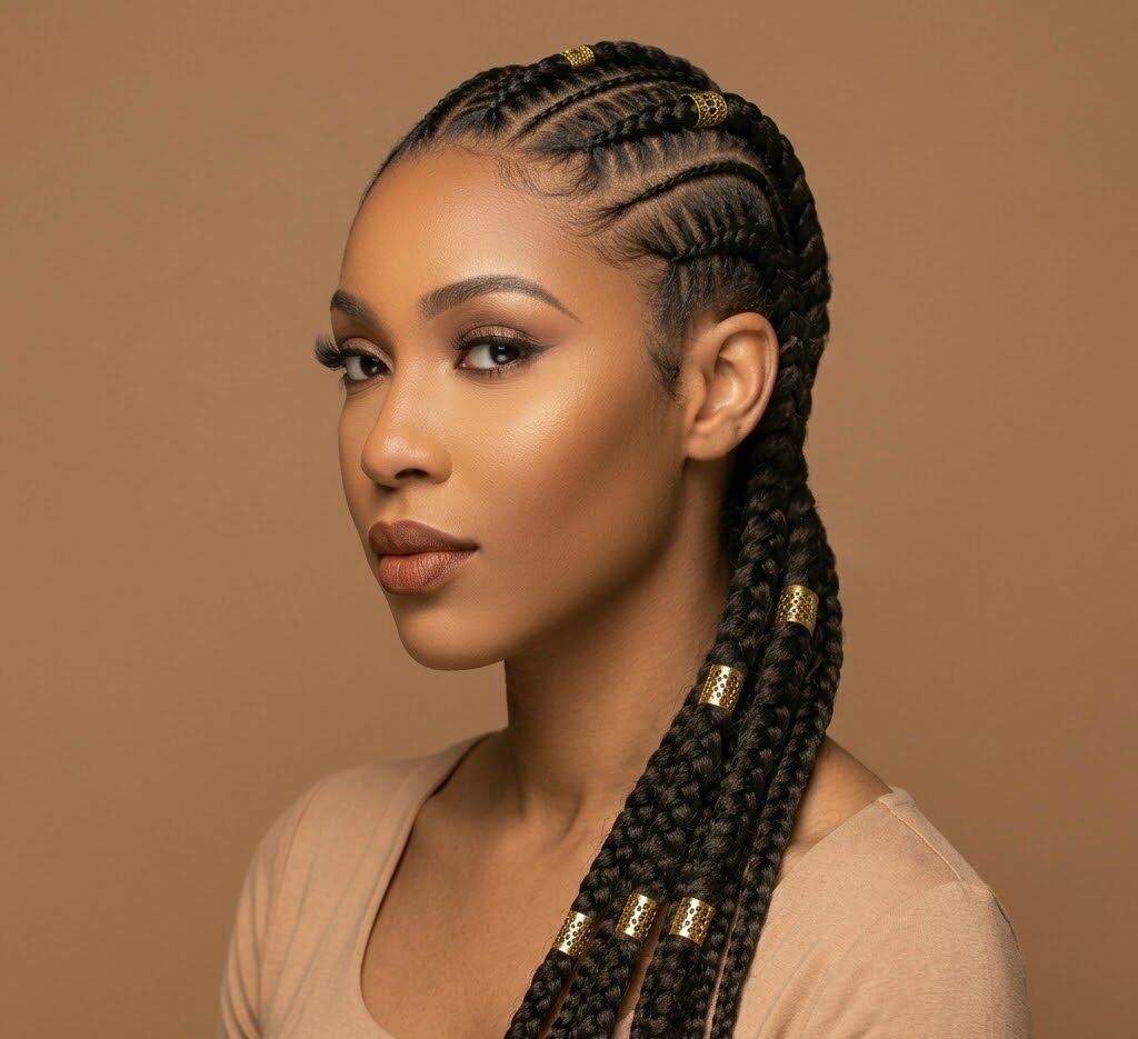 Femme fière portant des tresses noires impeccables, symbolisant la renaissance et la beauté d'une reine chez Chic Simply.