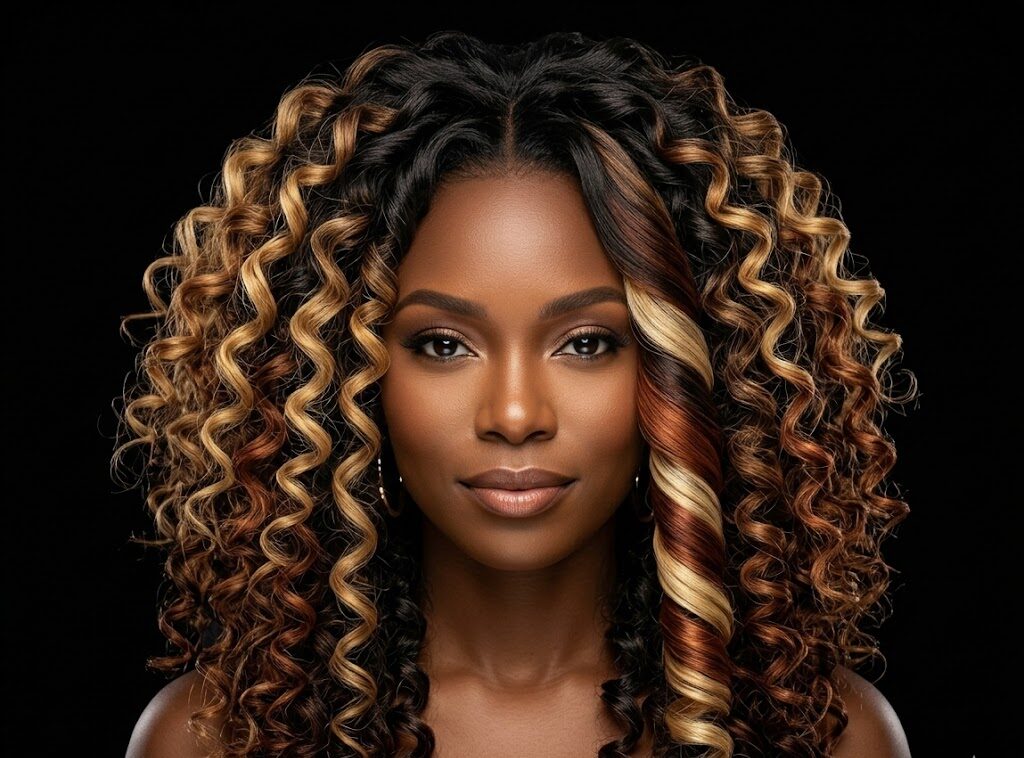 Femme noire élégante avec des boucles volumineuses ombré miel et or sur fond noir - Chic Simply Montréal